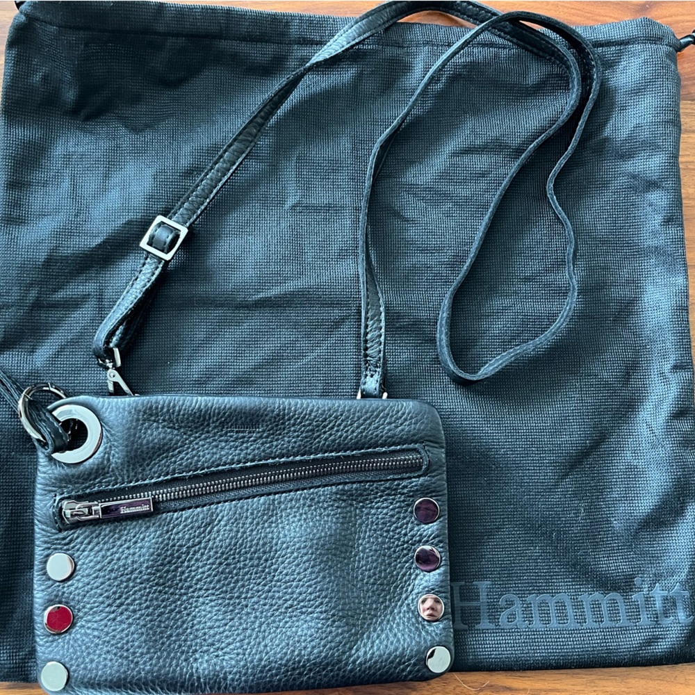 Hammitt Nash Black Leather Wristlet with gunmetal and Red Accents